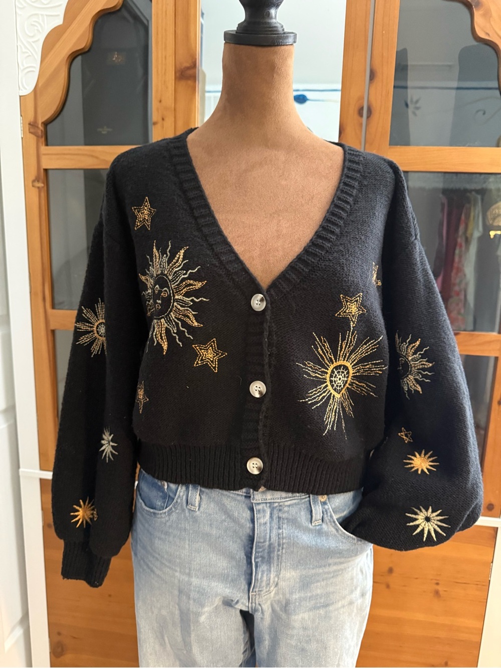 ROMWE Black Cropped Sun & Star Embroidered Cardigan